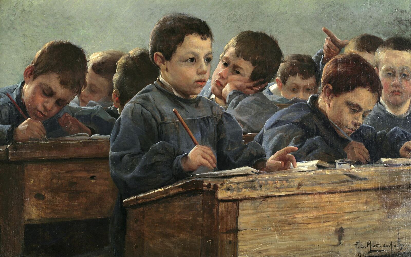 Classroom Scene | RaspGold English A painting shows a historical classroom scene with students writing at desks, illustrating B2 level English communication.